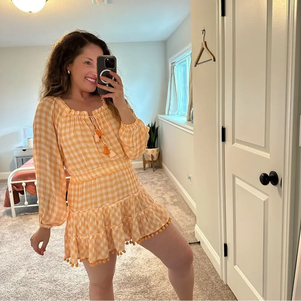 NWT Tuckernuck Playa Lucila Orange Plaid Mini Pom Pom Dress Small